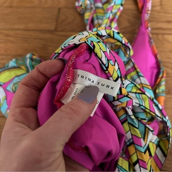 Trina Turk Geo Print Colorful Pink Green Deep V-Neck Open Back Swimsuit Size 10 - Picture 4 of 6